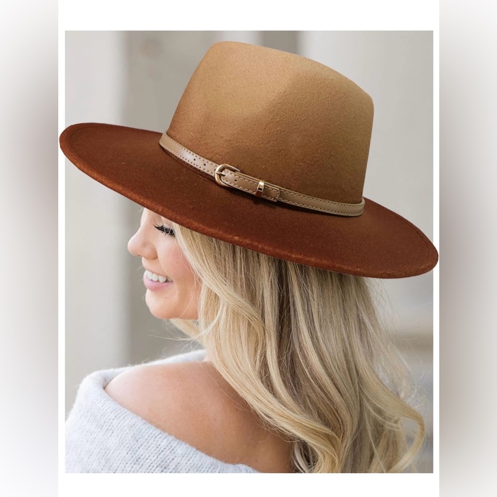Women’s ombré tan and brown fedora with buckle NWT size Medium